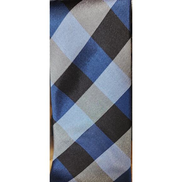 Stafford Blue Black Gray Buffalo Plaid 100% Silk Classic Bold Tie - Picture 1 of 6